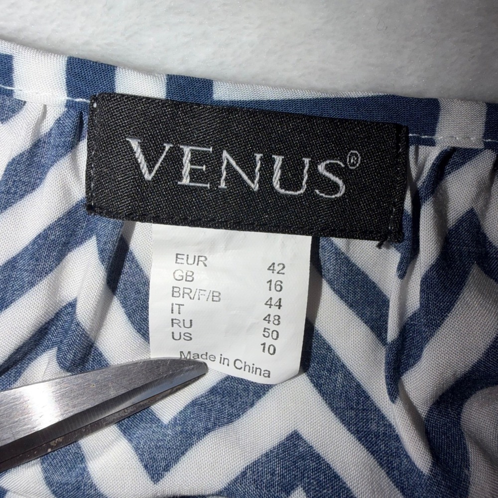 Venus Navy Blue White Chevron Zig Zag Shift Dress Long Sleeve Sz 10 - Picture 5 of 9